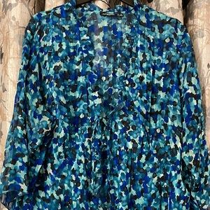 Notations Sz 3X Front Tie Semi-Sheer Ruffed 3/4 Sleeve Accordion Style Over Top